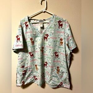 Rudolph Brand Women's Christmas Scrub Top, Size 2XL. V-neck With Pockets.